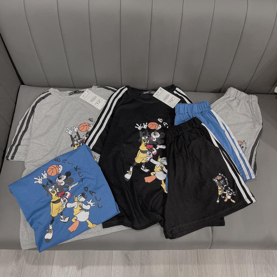 đồ bộ nữ set bộ  Mickey quần đùi phối viền sọc chất cotton 4 chiều
