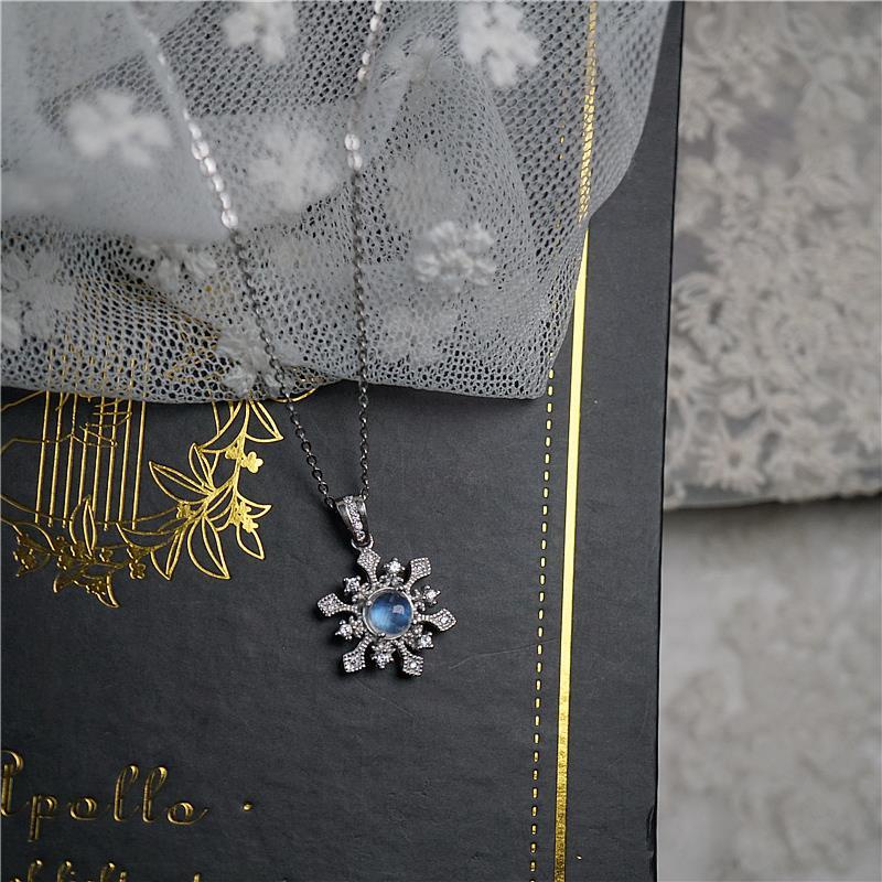 "Ocean Princess" BY-2021 Natural Moonstone Snowflake Necklace with Diamond Snowflakes S925 Silver Clavicle Chain Female