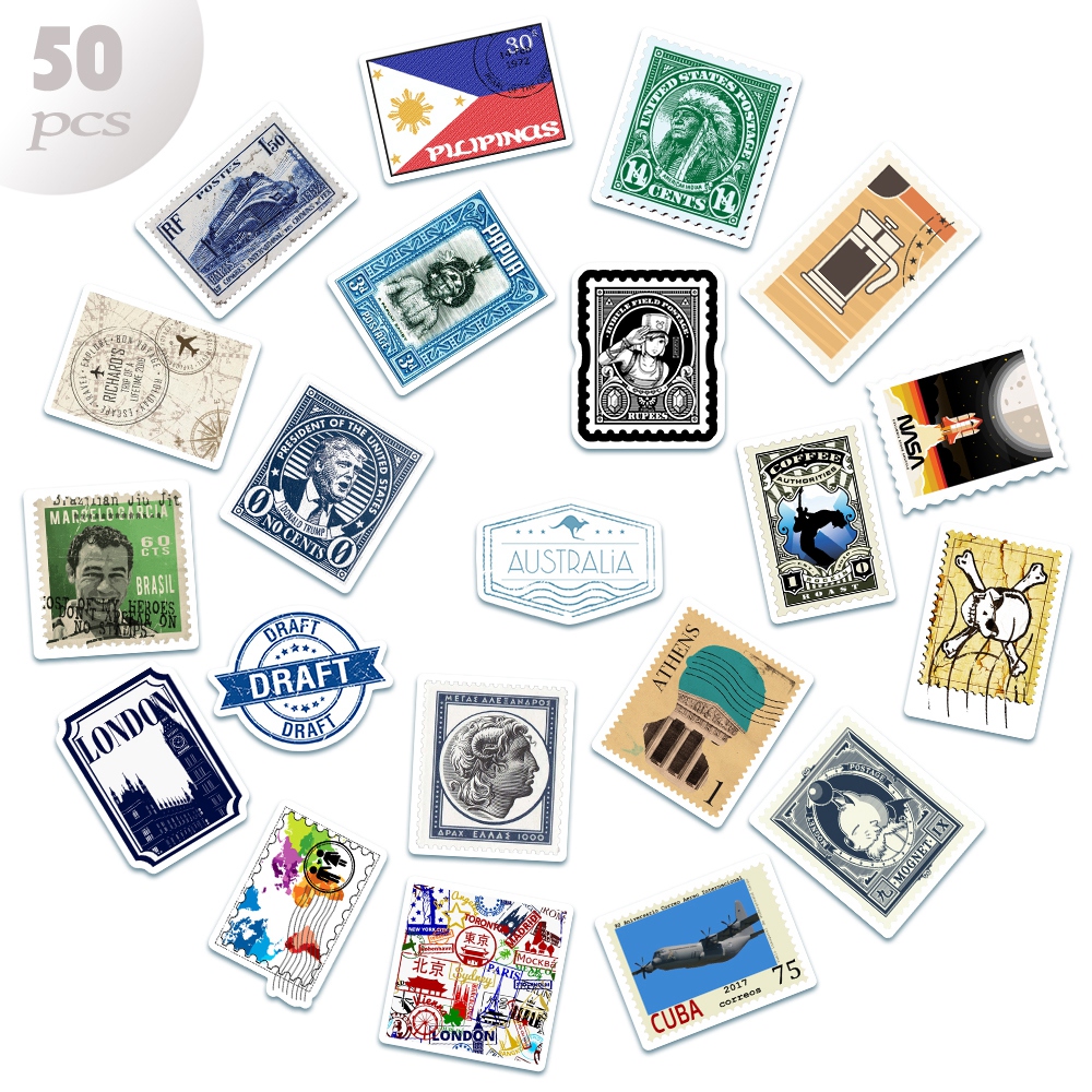Set of 50 Retro Style 4-7cm Decorative stamp Stickers