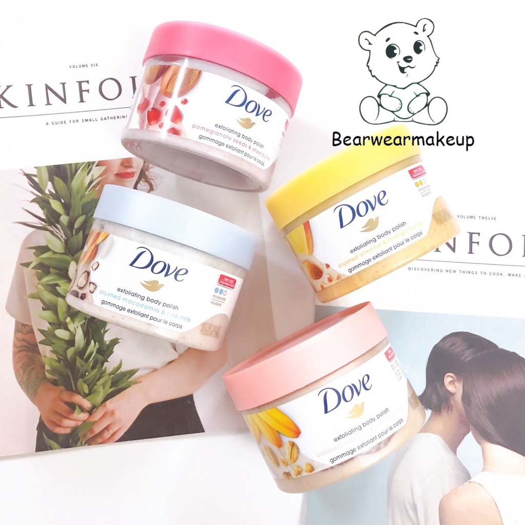 Kem Tẩy Da Chết Dove 225g giúp tẩy tế bào chết chăm sóc da chiết xuất bơ hạt mỡ và hạt lựu