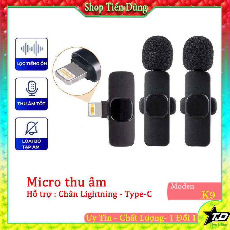 Micro thu âm cài áo K9 nhỏ gọn dễ sử dụng bắt xa lên tới 10m dùng để ghi âm quay video, Mic K9 tích hợp pin sạc.