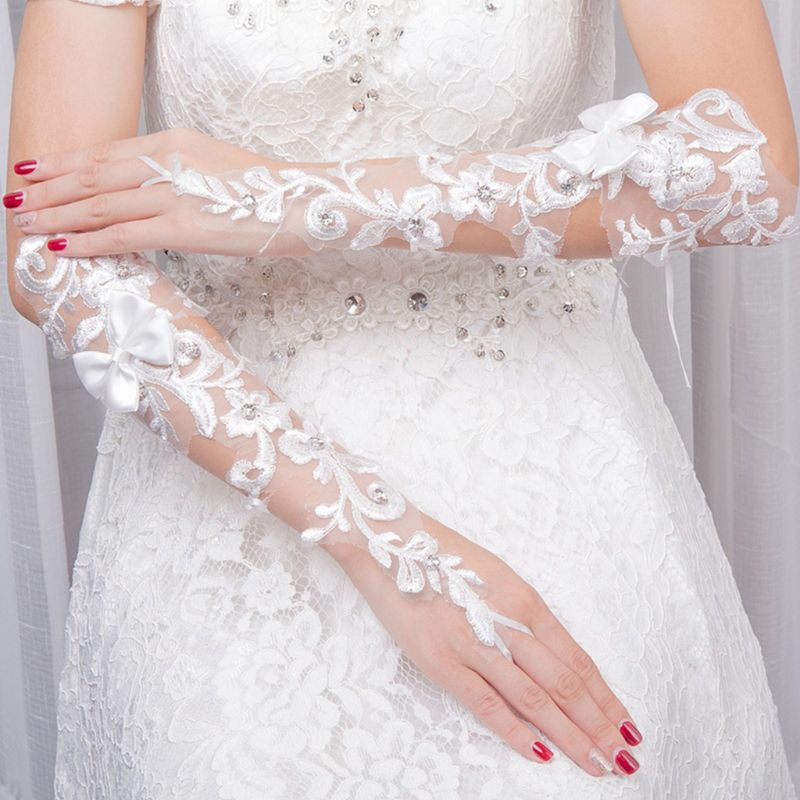 Găng Tay Ren Hở Ngón Đính Đá Xinh Xắn Dành Cho Cô Dâu Mi