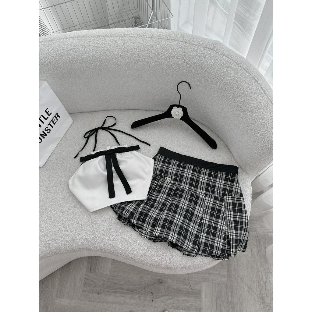 SET ÁO YẾM NƠ NGỰC ĐEN 2 DÂY + CHÂN VÁY CARO (TH)