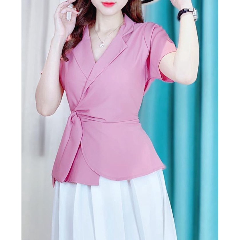 Áo sơ mi kiểu nữ peplum CỔ VEST có dây cột nơ eo và chun lưng giấu bụng hiệu quả