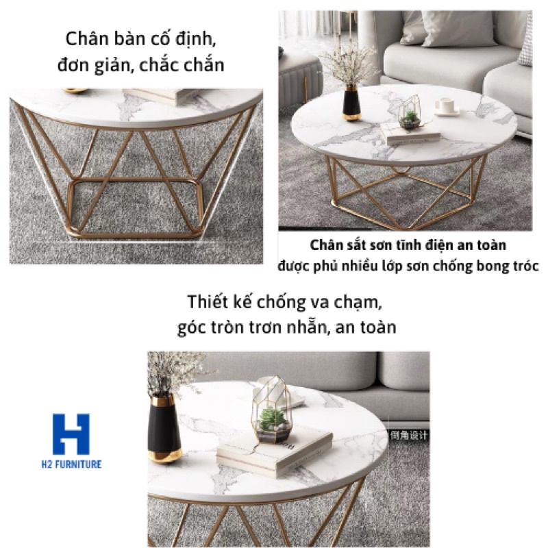 Bàn trà tròn sofa H2 Furniture mặt đá ceramic nhân tạo khung kim loại sơn tĩnh, bàn cafe phòng khách, ban công bàn decor