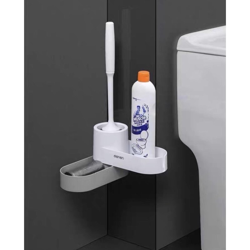 bộ chổi cọ toilet đầu silicon có khay để đồ dán tường siêu chắc OENON