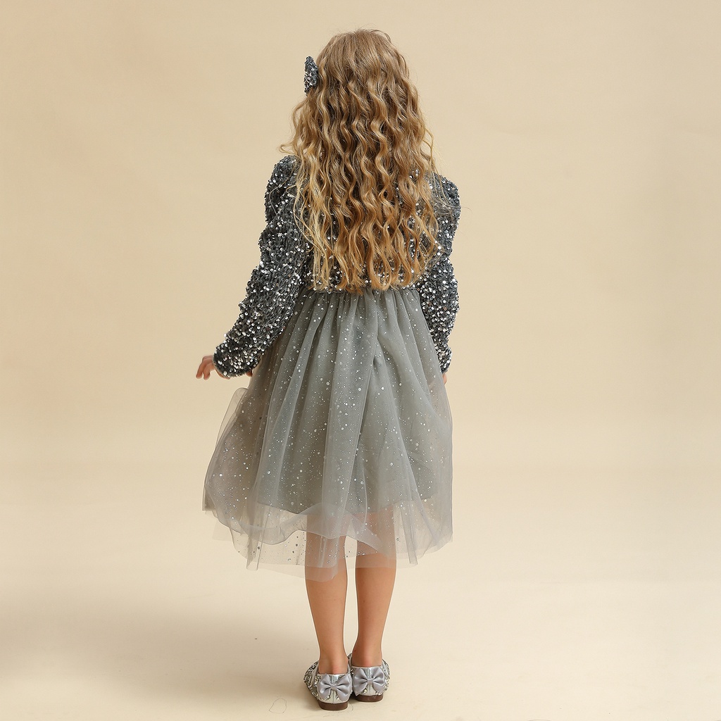 Đầm công chúa tay dài đính kim sa lấp lánh thời trang năm mới dành cho bé gái
