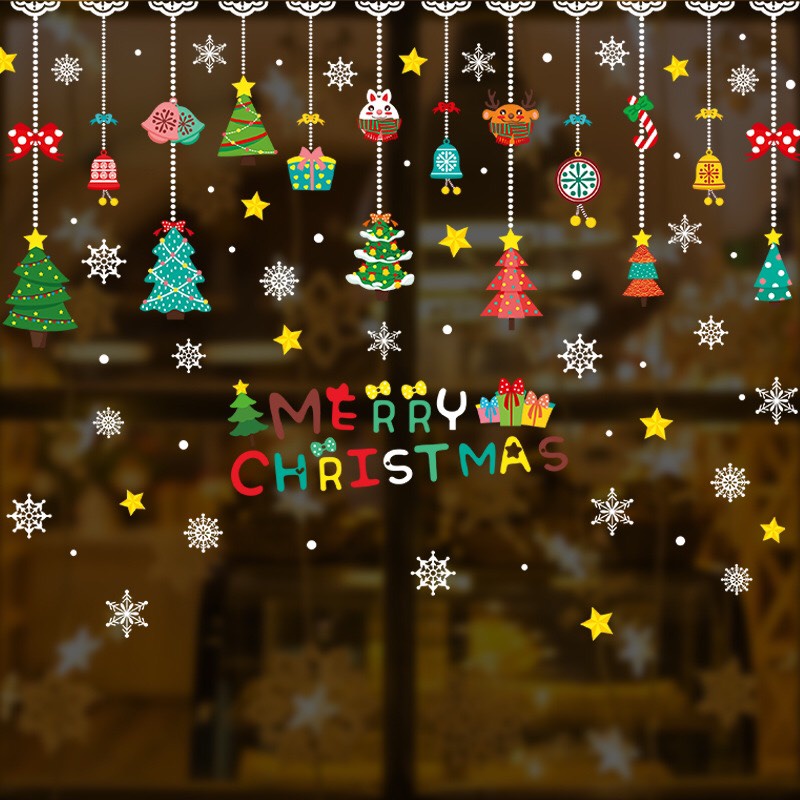 Decal trang trí Noel Hít Tĩnh Điện - Combo 2 tấm Rèm dây thông và Noel xe kéo