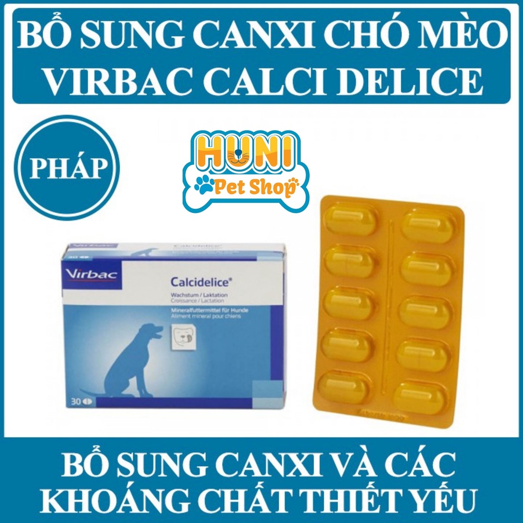 Viên Canxi cho chó mèo Pháp Virbac viên Calci Delice cho chó con, chó thiếu hụt dinh dưỡng vỉ 10 viên- Huni Petshop
