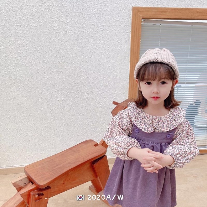 Bộ Áo Nhung Cổ Búp Bê + Đầm Yếm Xinh Xắn Dành Cho Bé Gái