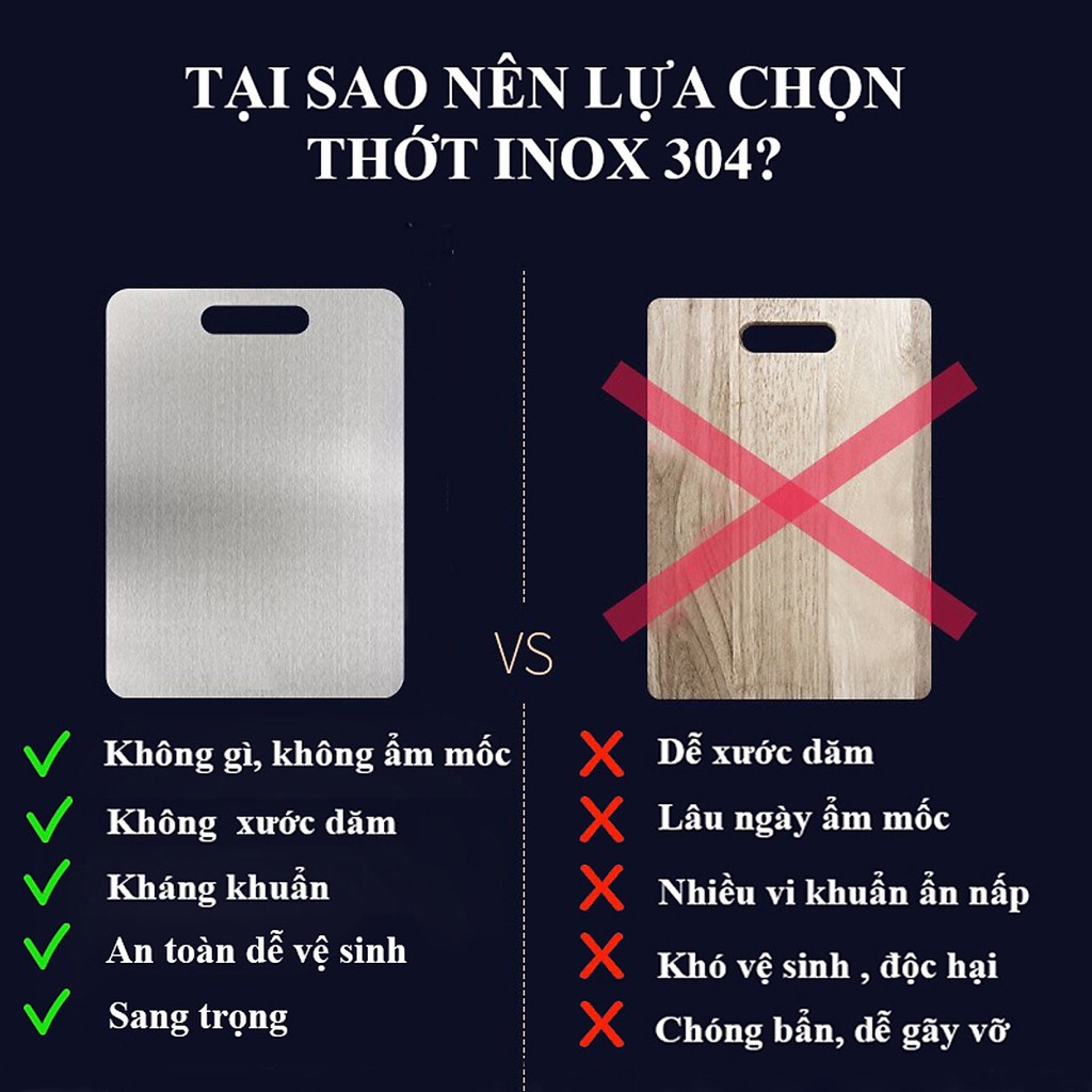 Thớt Inox 304 kháng khuẩn, chống ẩm mốc, chống mùi, chống xước dăm, không mùn gỗ