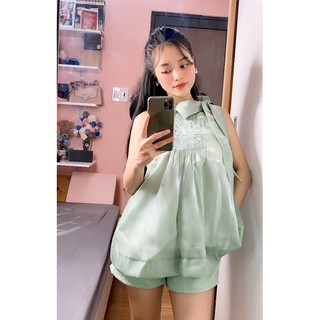 Set áo cột nơ + quần sort voan tơ cao cấp