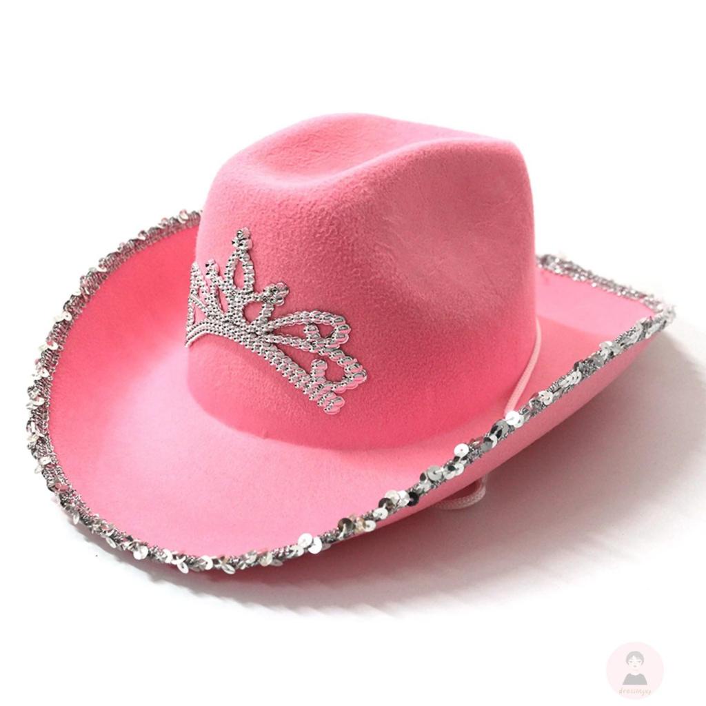 DRE-Women Cowboy Hat with Shiny Decoration,Cute Pink Holiday Costume Party Clothing Accessory