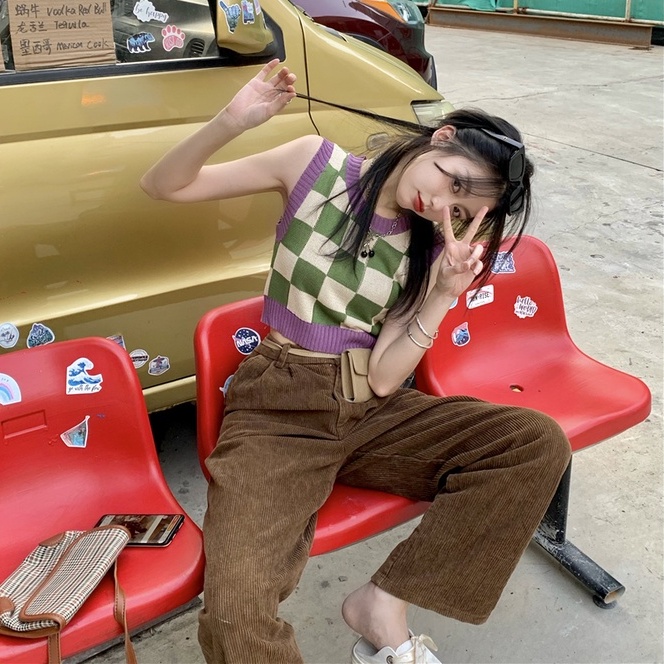 Áo croptop ZHELIHANGFEI dệt kim không tay hở vai màu sắc tương phản phong cách Retro thời trang Hàn Quốc