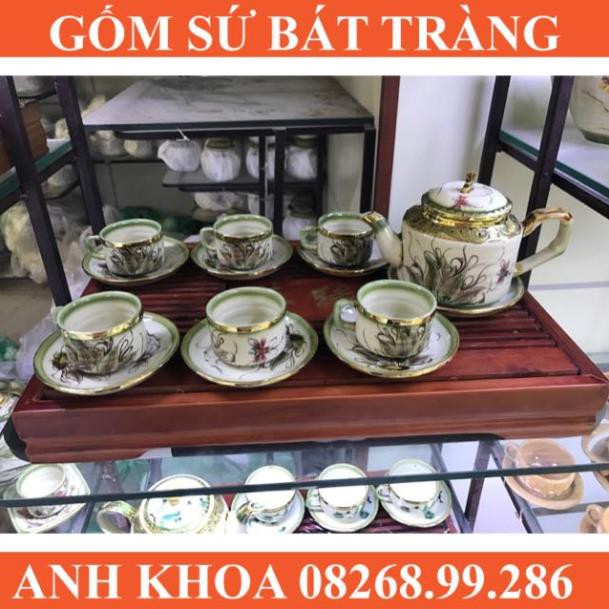 Ấm chén bọc đồng vẽ cỏ chuồn Bát Tràng - Gốm sứ Bát Tràng Anh Khoa