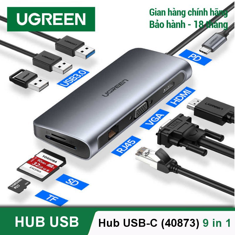 Bộ chuyển USB Type C 9 in 1 Cao Cấp Ugreen 40873 Chính Hãng CM179