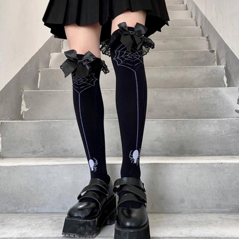 Vớ dài dệt kim phối ren đính nơ màu đen phong cách Gothic Punk Halloween hóa trang Lolita Nhật Bản thời trang dạo phố