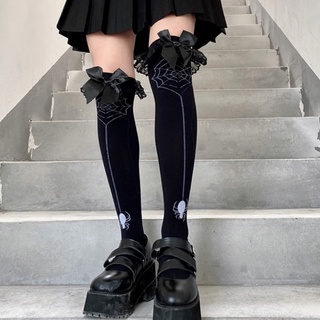 Ảnh chụp Vớ dài dệt kim phối ren đính nơ màu đen phong cách Gothic Punk Halloween hóa trang Lolita Nhật Bản thời trang dạo phố tại Nước ngoài