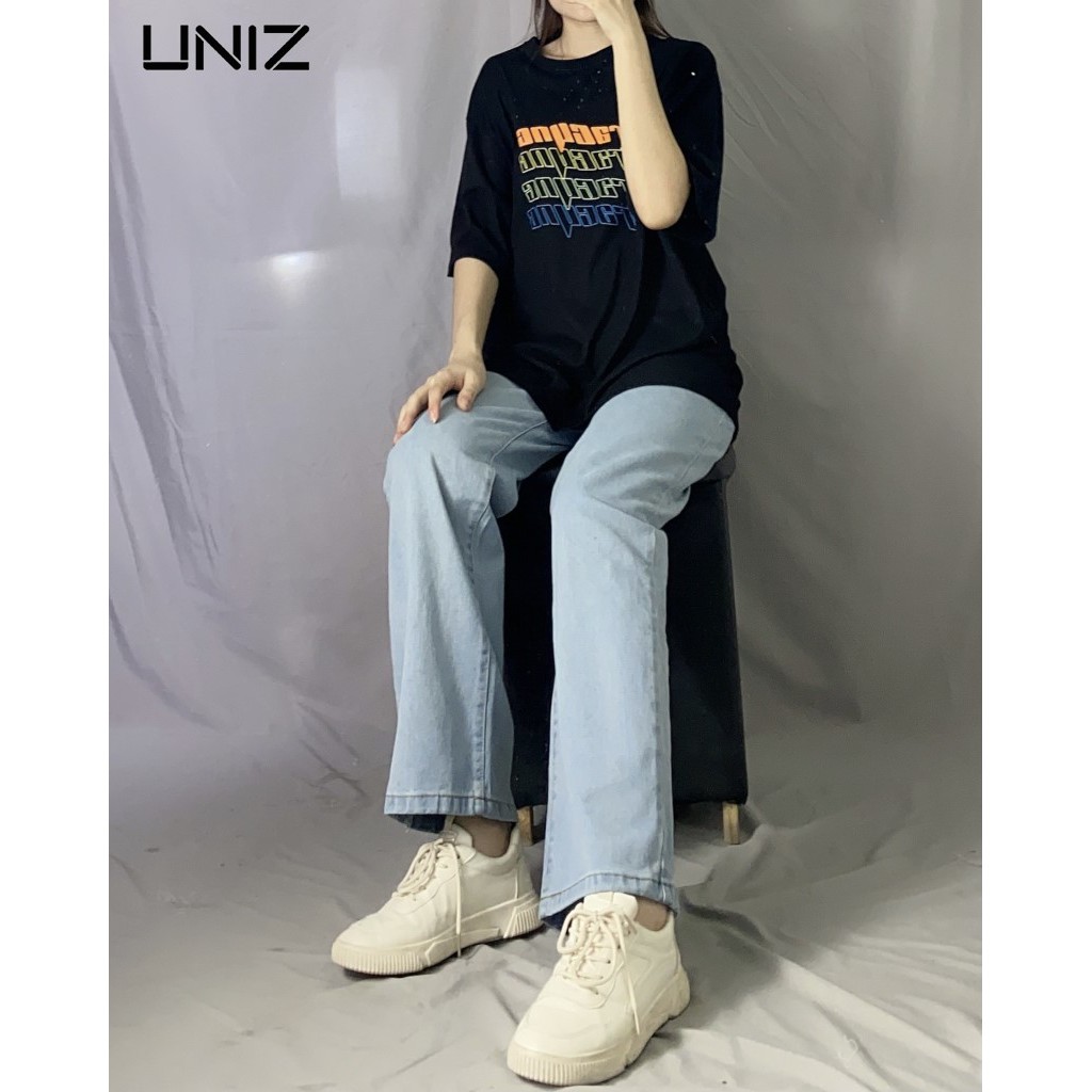 Quần Jean Nữ Loang Mãu UNIZ Q9018 (Màu Xanh), Unisex, Dáng Dai, Cạp Cao, Ống Suông, Rộng, Vải Jean Mềm, Không Bai Màu