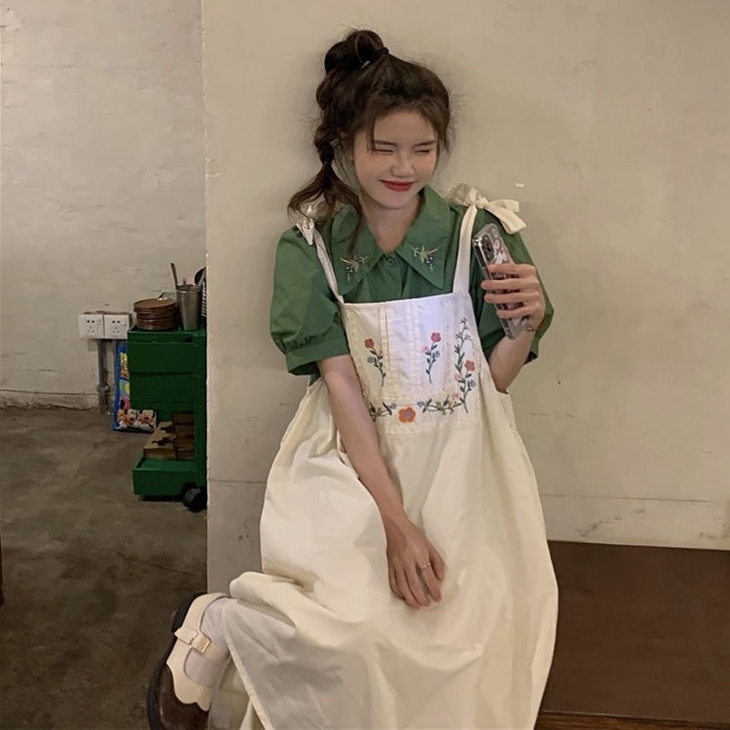 Set Áo Sơ Mi Ngắn Tay Thêu Hoa + Váy Yếm Ren Phong Cách Retro Mới Cho Nữ