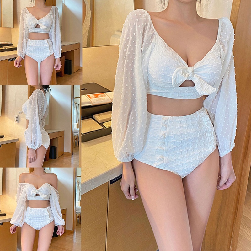 Set Bikini 2 Mảnh Trễ Vai Tay Phồng Họa Tiết Chấm Bi Phong Cách Quyến Rũ