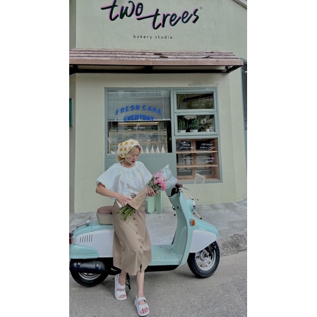 Set váy vintage chân váy kaki chữ A kèm áo sơ mi tay bồng