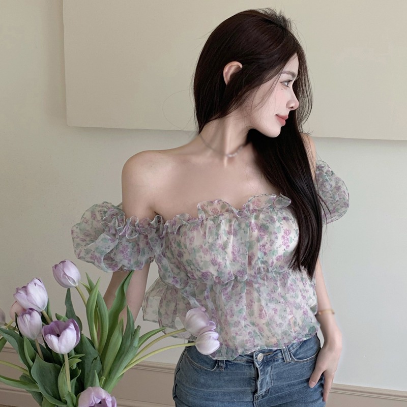 Áo Crop Top Tay Phồng Ngắn Họa Tiết Hoa Phong Cách Hàn Quốc Thời Trang Cho Nữ