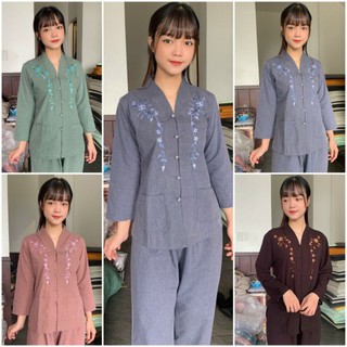 (BÀ LAI THÊU)Bộ quần áo nữ phật tử - đồ lam đi chùa thêu hoa vải katê mẫu