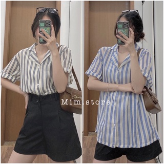 Áo sơ mi kẻ sọc tay lỡ cổ vest phong cách hàn quốc mới
