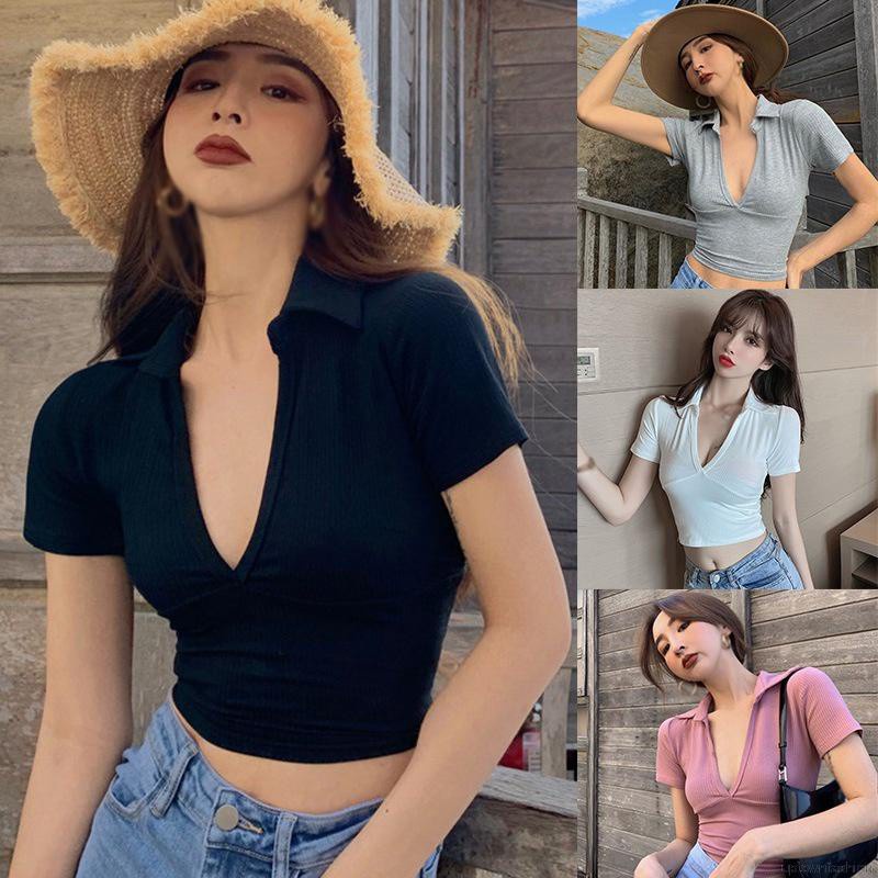 Áo Thun Dệt Kim Tay Ngắn Cổ Chữ V Dáng Ôm Màu Trơn Thời Trang Cho Nữ