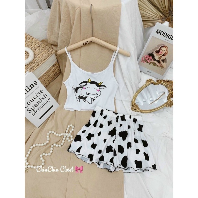 Đồ bộ nữ mặc nhà đồ ngủ hai dây hình bò sữa chất cotton 4 chiều thoáng mát mềm đẹp