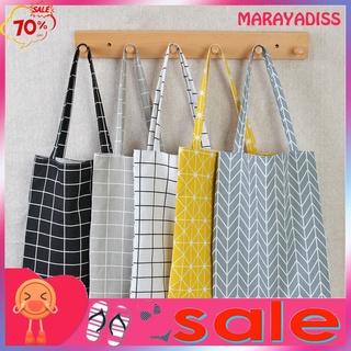 Túi tote đeo vai mua sắm vải lanh sức chứa lớn gấp được họa tiết sọc lưới sử dụng hàng ngày