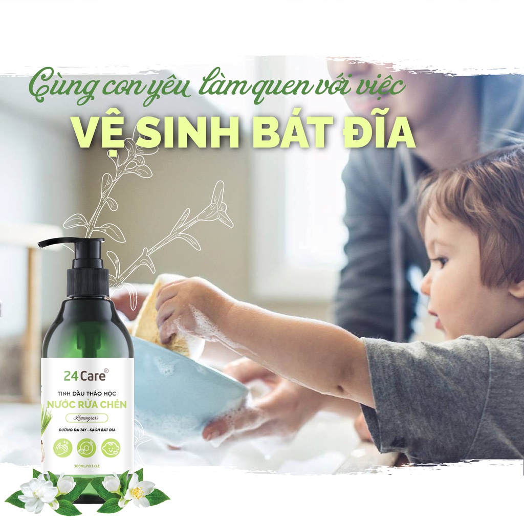 Nước rửa chén hữu cơ trẻ em 24Care 1L-cho trẻ từ 2 tuổi, mềm mại da tay, làm sạch tự nhiên, an toàn sức khỏe cả gia đình