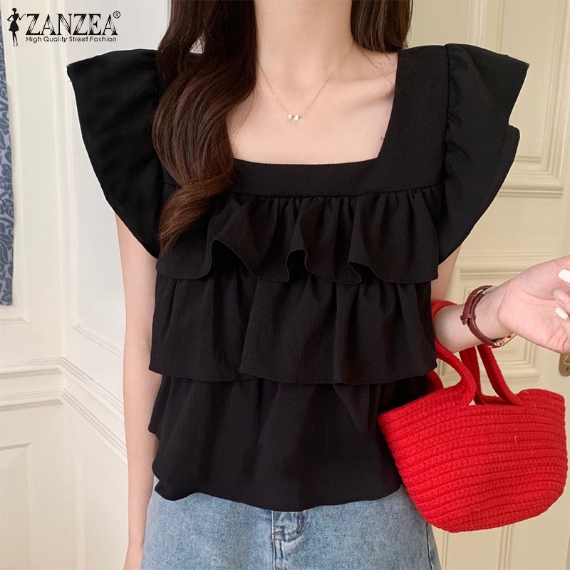 Áo kiểu ZANZEA không tay cổ vuông xếp ly điệu đà phong cách Hàn Quốc cho nữ