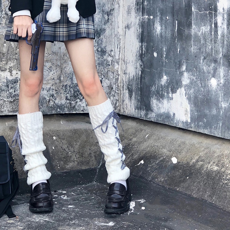 Cặp ống chân dệt kim giữ ấm đính nơ họa tiết sọc caro phong cách Nhật Bản cho nữ | BigBuy360 - bigbuy360.vn