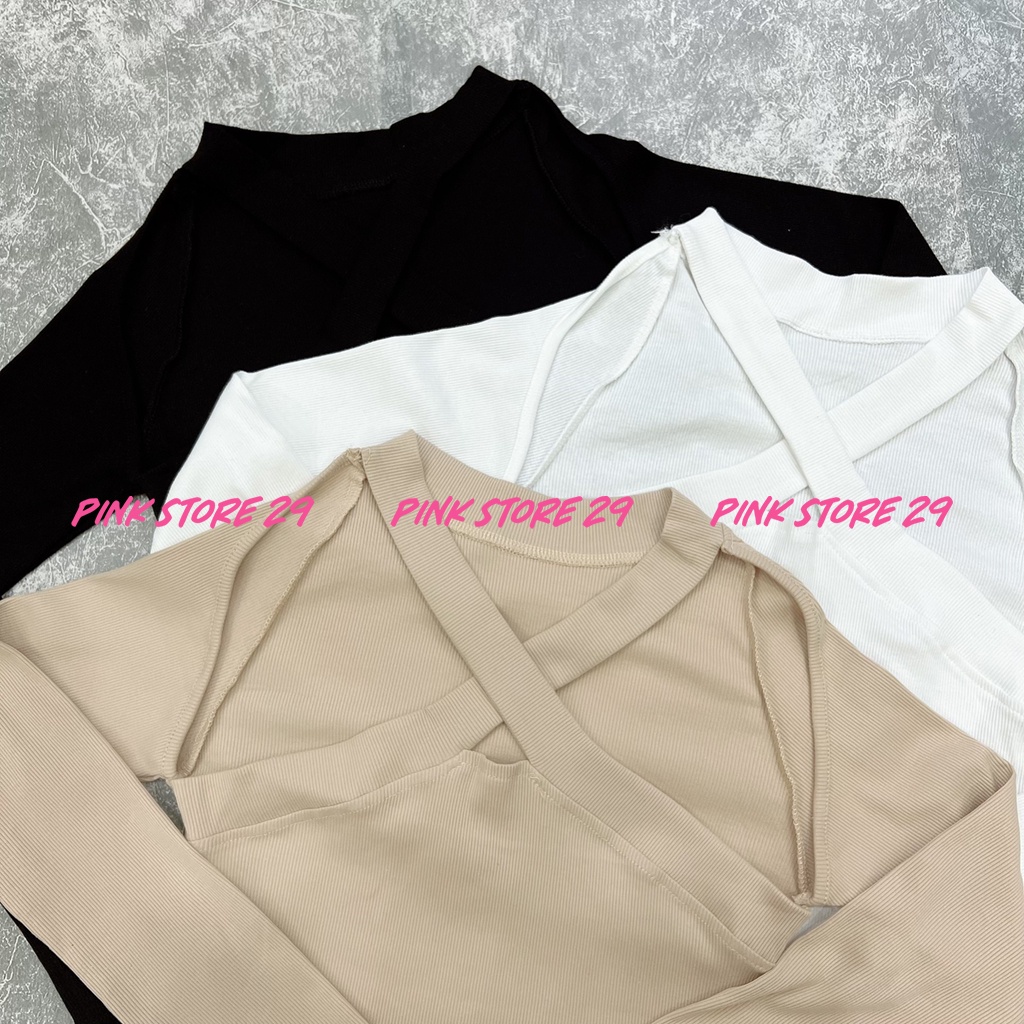 Áo Croptop Tay Dài PINKSTORE29 Dáng Ôm Body Hở Vai Dây Chéo Cổ A5454