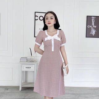 Đầm Công Sở NHẬT VY Caro Viền Trắng Đính Nơ Cổ Vuông Tay Phồng Phối Cúc Bọc Có Dây Kéo Dáng Xoè Màu Xanh, Nâu - D2282