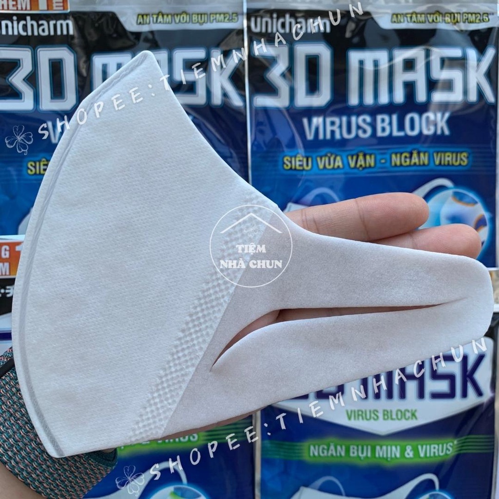 [CHÍNH HÃNG] Khẩu Trang Ngăn Vi Khuẩn Unicharm 3D Mask Virus Block Size S, M, L Gói 5 Miếng