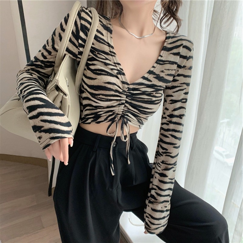 Áo kiểu PERTY tay ngắn cổ chữ V thiết kế dây rút phong cách Hàn Quốc thời trang mùa thu quyến rũ dành cho nữ