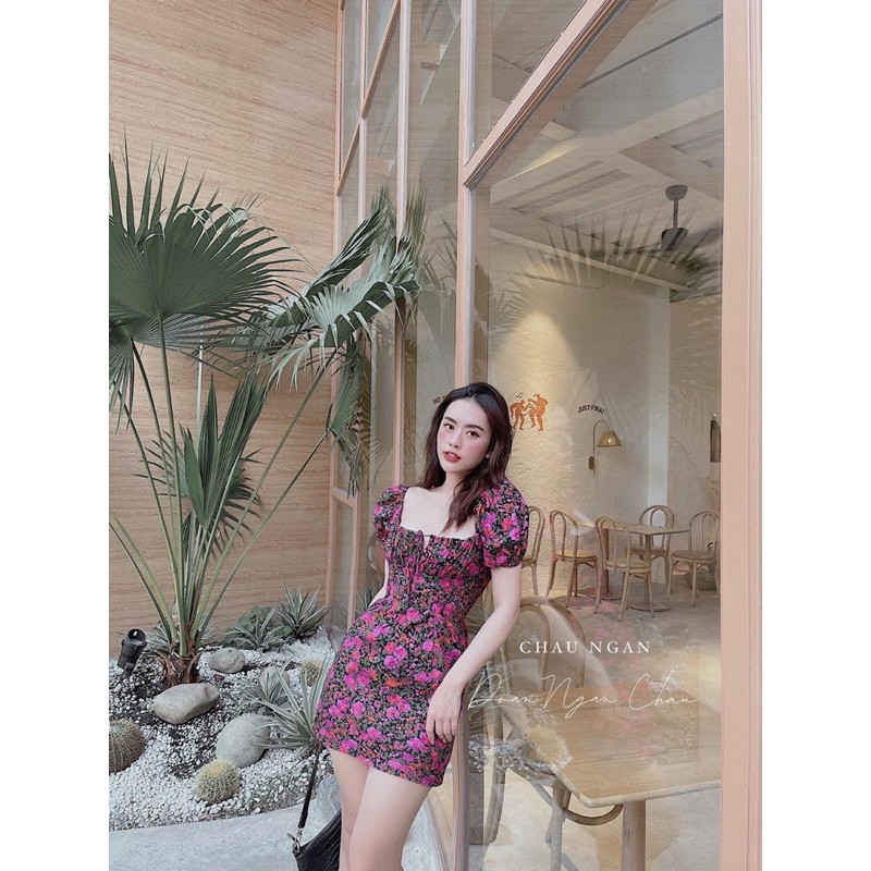 ] Đầm hoa tím dáng ôm thiết kế cổ vuông khoe body🌸 Ảnh thật