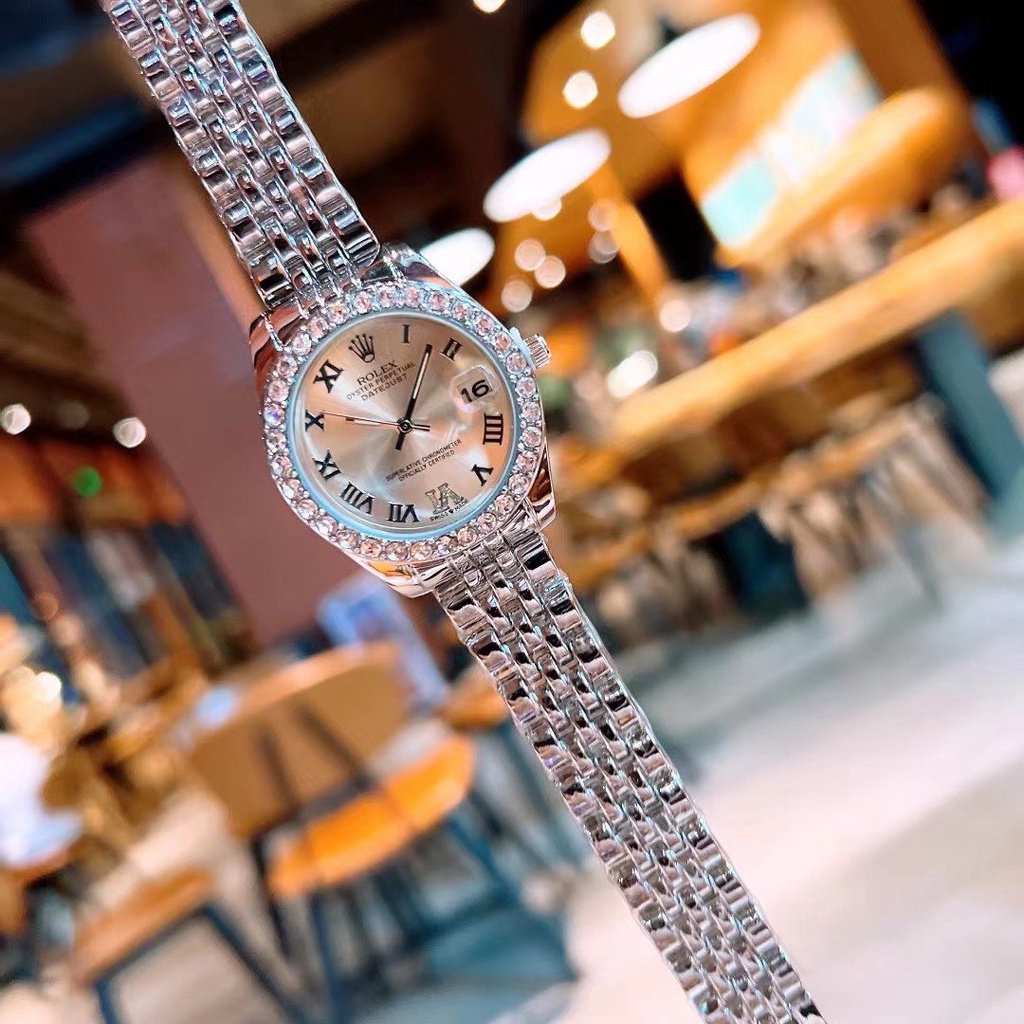 Đồng hồ nữ Rolex dây thép không gỉ , viền đá sang trọng , chữ số la mã thời thượng , đẳng cấp