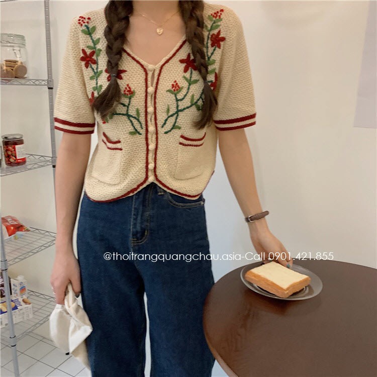 (Hàng Nhập) Áo Croptop Len Siêu Thông Thoáng Thêu Hoa &quot;Style Hàn Quốc&quot; OLOME1