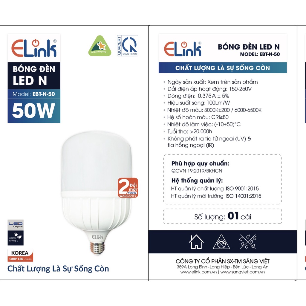 Bóng Đèn Led Trụ Nhựa ELink Công Suất 50W Thiết Kế Thẩm Mỹ Kết Hợp Ánh Sáng Trắng Sang Trọng, Hàng Chính Hãng
