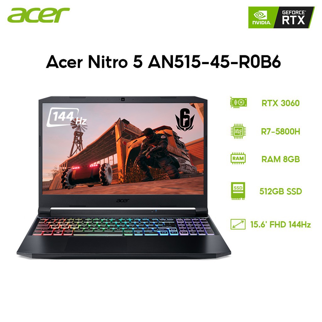 Laptop Acer Nitro 5 AN515-45-R0B6 R7-5800H | 8GB | 512GB | VGA RTX 3060 6GB | 15.6' FHD 144Hz | Win 10 | BigBuy360 - bigbuy360.vn