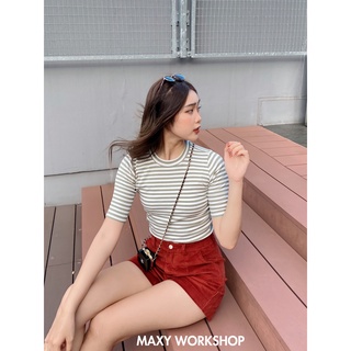 Áo thun tay lỡ ôm dáng Knitted Basic Tee Green Stripped Maxy Workshop