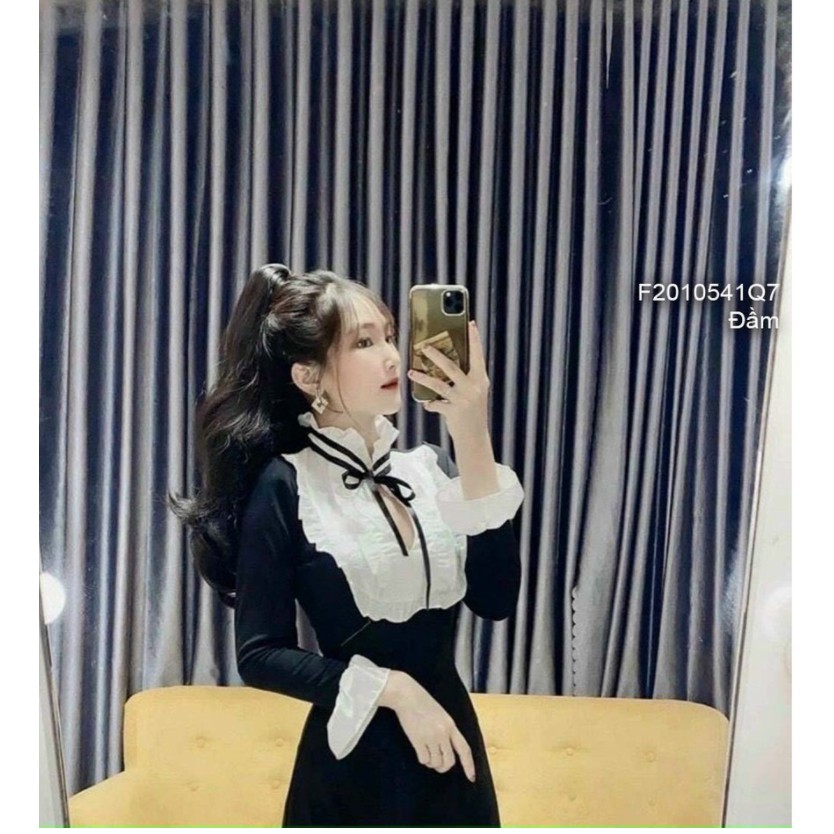 👗Đầm Body Đen Tay Dài tiểu thư👗 Ngực pha trắng phối viền bèo, Cổ thắt nơ tay dài - Váy body đen tiểu thư đẹp | BigBuy360 - bigbuy360.vn