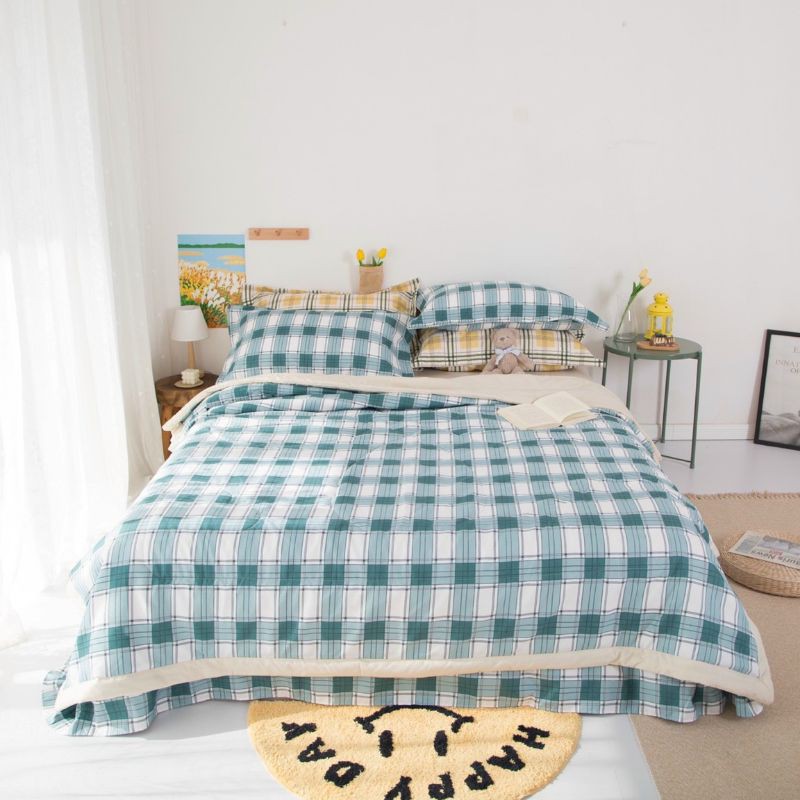 Bộ Chăn Ga Gối Đũi Caro Chăn Chần Hè. Chăn Ga Nhập Khẩu Phong Cách Hàn Quốc