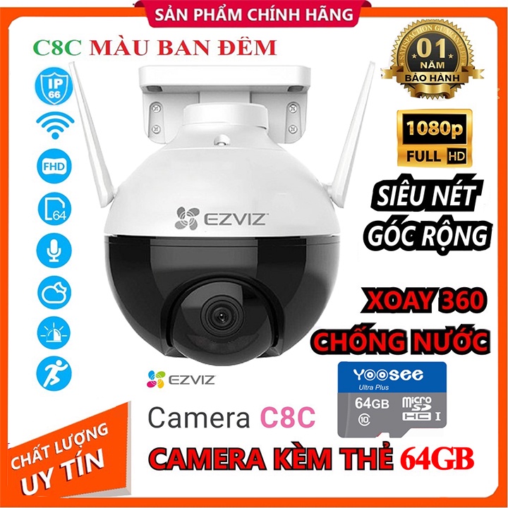 Camera Ngoài Trời Wifi EZVIZ C8C 1080P Xoay 360 độ Full HD Tích hợp AI -CÓ MÀU BAN ĐÊM- XOAY THEO CHUYỂN ĐỘNG KÈM THẺ 6