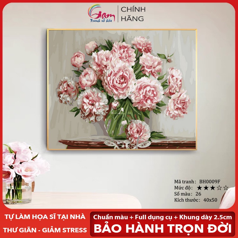 Tranh sơn dầu số hóa tự tô màu theo số Gam hoa mẫu đơn khung dày 2,5cm đã căng khung size 40x50cm