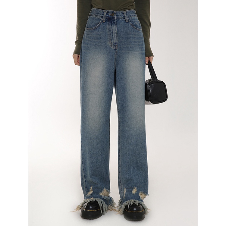 Quần jean nữ ZHELIHANGFEI ống rộng cạp cao thiết kế rách cá tính